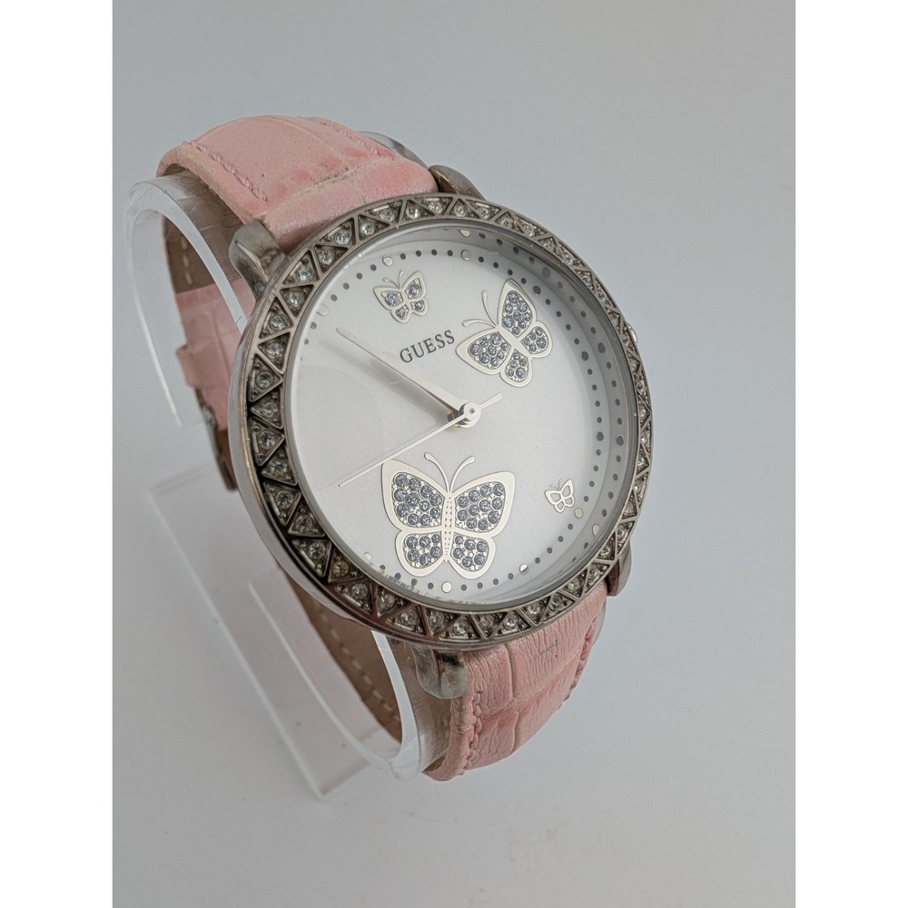 Guess Women's Watch Butterfly Dial Pave Bezel Pink‎ Leather Band- New Battery